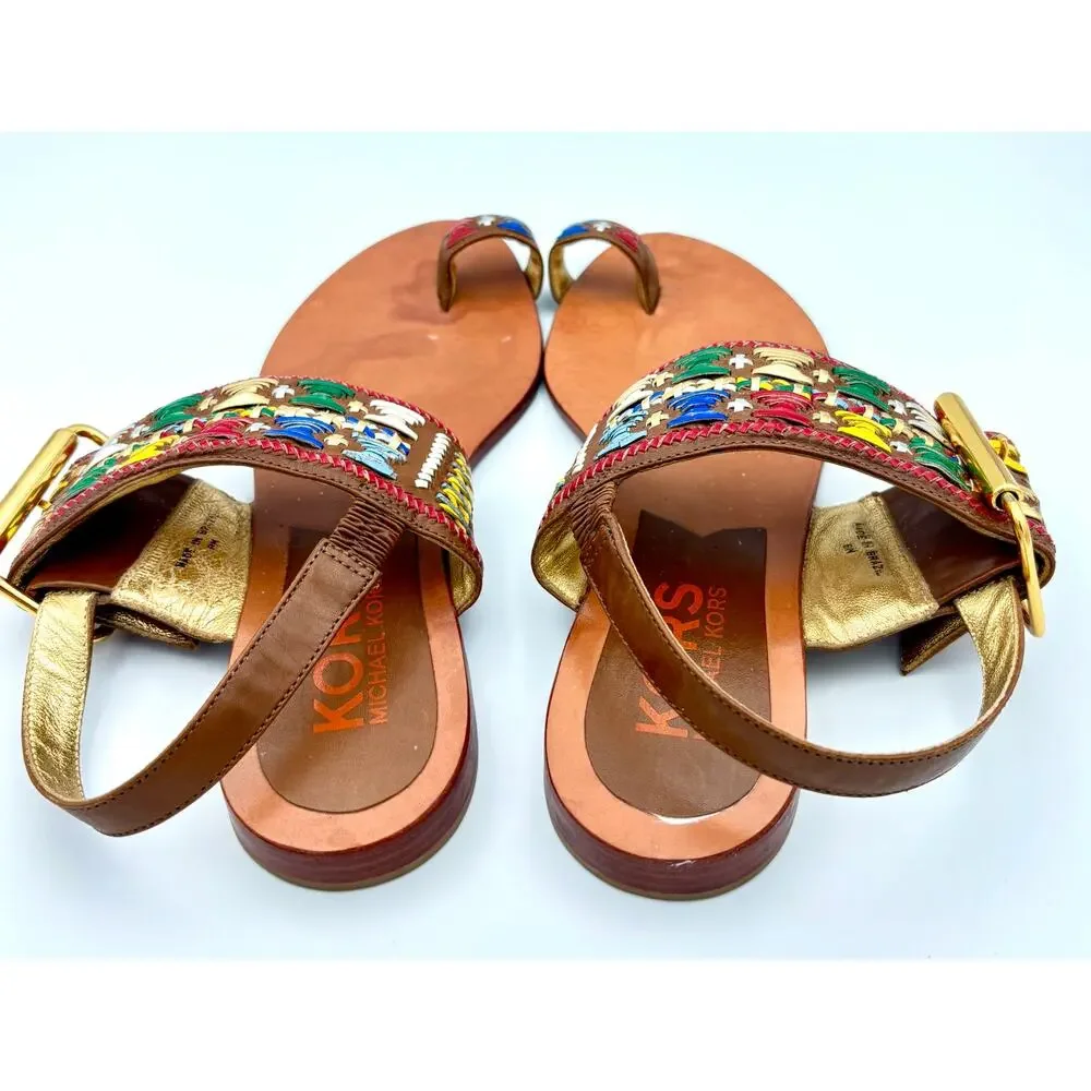 Michael Kors Woven Multicolor Leather Sandals Boho Slingback Toe Loop Size 8 - Picture 7 of 10